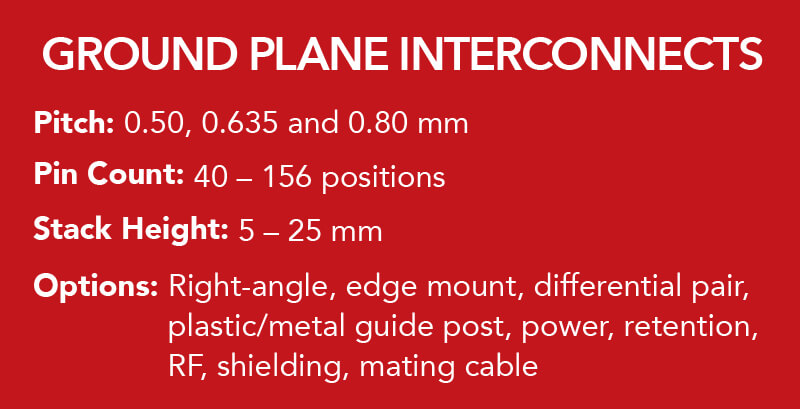 Pitch: 0.50, 0.635 and 0.80 mm. Pin Count: 40 - 156 positions. Stack Height: 5 - 25 mm. Options: Right-angle, edge mount, differential pair, plastic/metal guide post, power, retention, RF, shielding, mating cable.