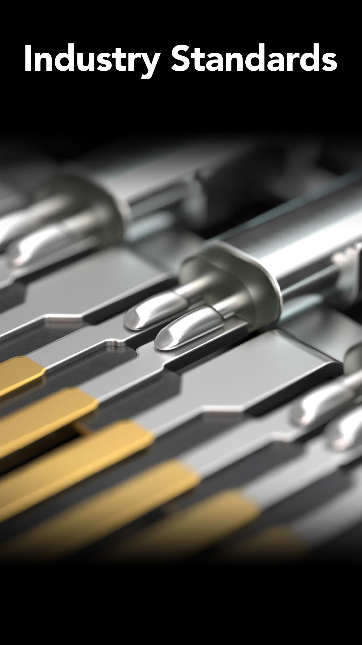 Industry Standards Mobile Header - Close-up of precision-machined high-speed connector contacts with gold and silver plating