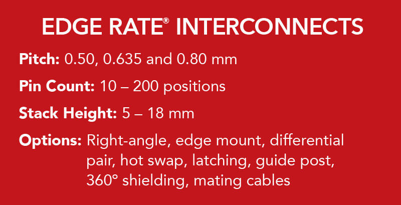 间距：0.50、0.635和0.80 mm。端子数：10 - 200个针位。堆叠高度：5 - 18 mm。选项：直角、边缘安装、差分对、热插拔、闭锁、导柱、360º护罩、对接电缆。