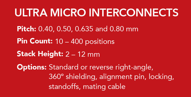 间距：0.40、0.50 0.635和0.80 mm。端子数：10 - 400个针位。堆叠高度：2 - 12 mm。选项：标准或反直角、360º护罩、定位销、锁扣、对接电缆。