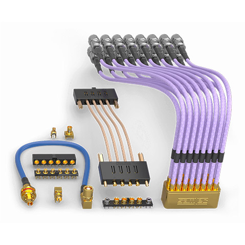 RF Original Solutions - A set of purple and blue electrical cables and connectors arranged neatly on a white background.